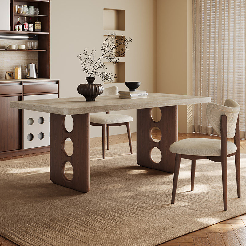 中古风复古纯白加厚洞石岩板餐桌家用小户型法式长方形实木餐桌,住宅家具,岩板餐桌,淘宝优惠券,粉丝福利购,淘宝优惠卷