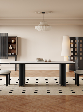黑色岛台餐桌北欧复古高端现代简约家用小户型长方形实木岩板餐桌