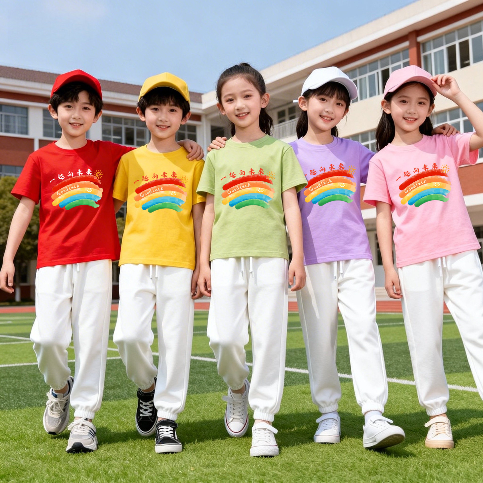 彩色短袖开学季中小学生活动运动会啦啦队糖果色T恤彩虹印花上衣