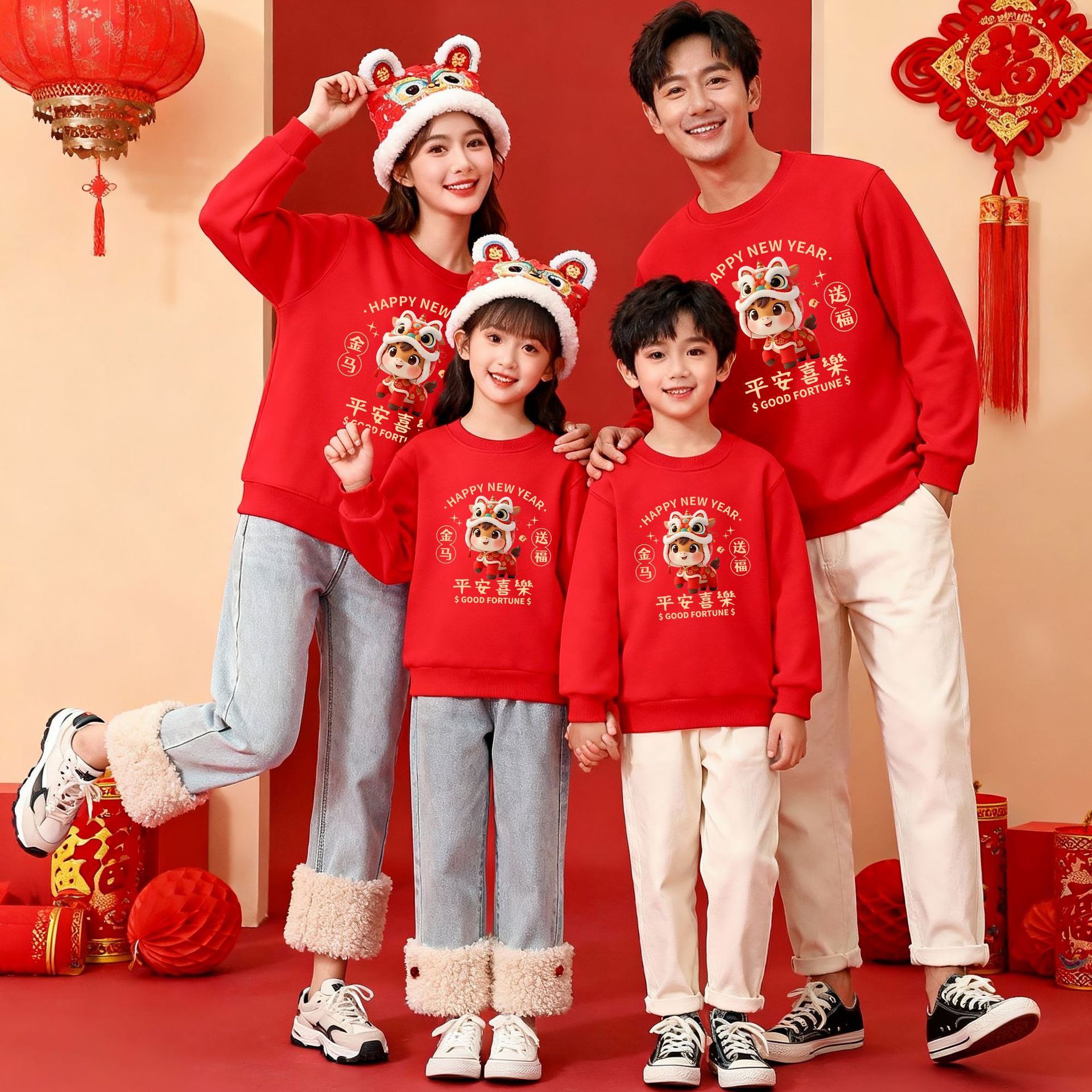 热卖款新年小马平安喜乐亲子装中国红圆领卫衣全家福活动拍照年服