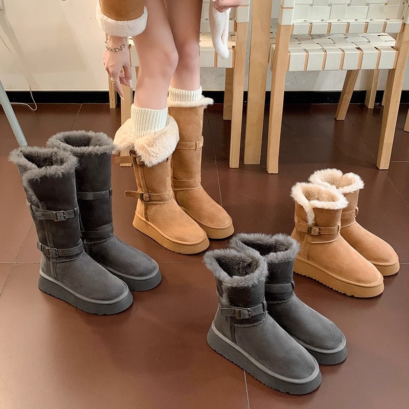 自留~厚底灰色雪地靴女2025冬季新款加厚绒增高搭扣长筒雪地棉鞋