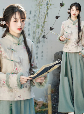 原创新中式国风改良旗袍鹿皮绒加绒保暖复古上衣阔腿裤 碧莲