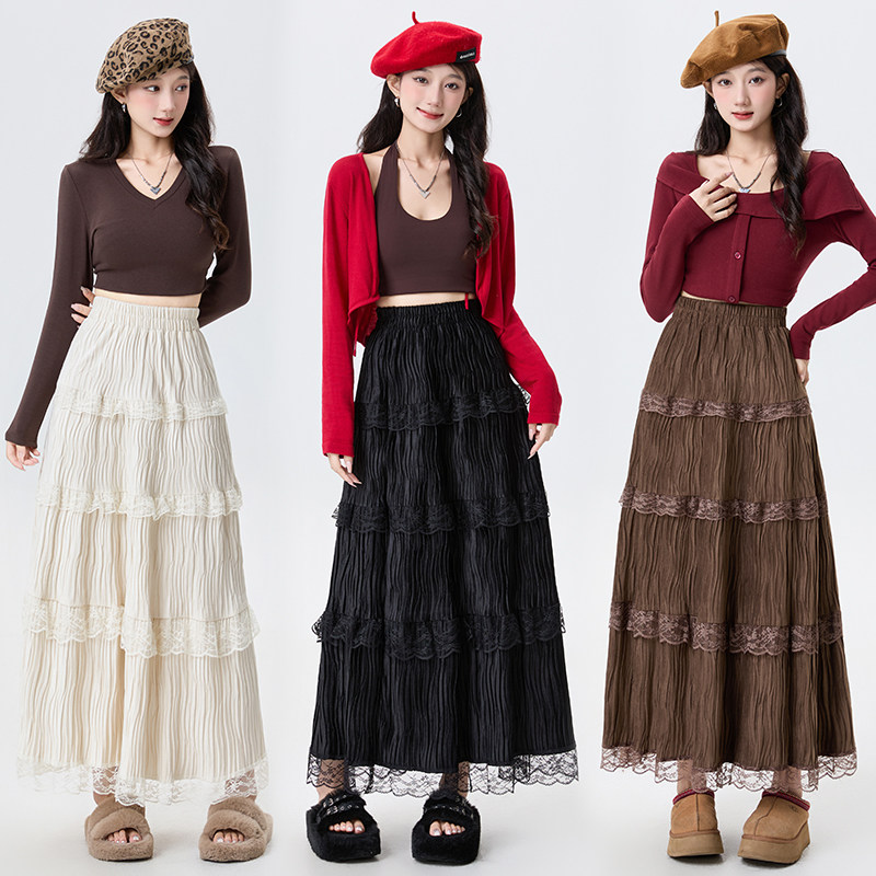 实拍蕾丝拼接丝绒半身裙女2025秋冬高腰显瘦中长款褶皱A字仙女裙