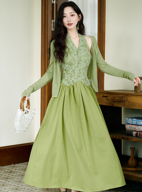国风新中式氛围感V领挂脖连衣裙收腰气质礼服长裙