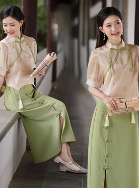 新中式流光国风改良旗袍刺绣减龄泡泡袖上衣半身裙套装