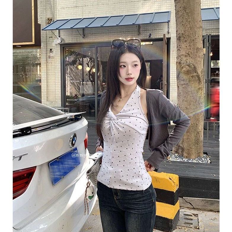 韩系减龄挂脖吊带女2026春夏新款星星印花打底衫百搭灰色开衫套装