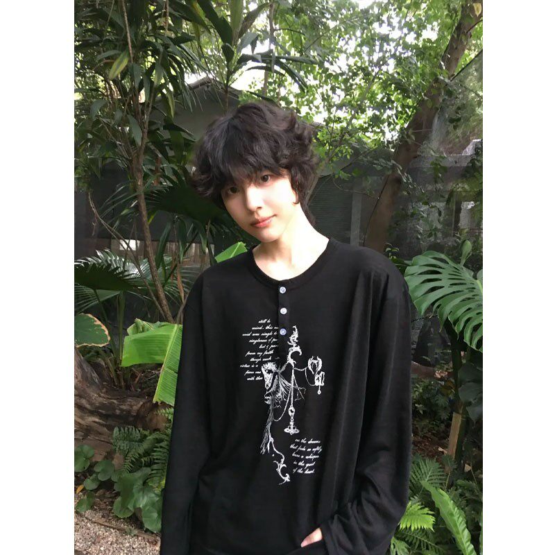 黑色亨利领印花长袖T恤慵懒风