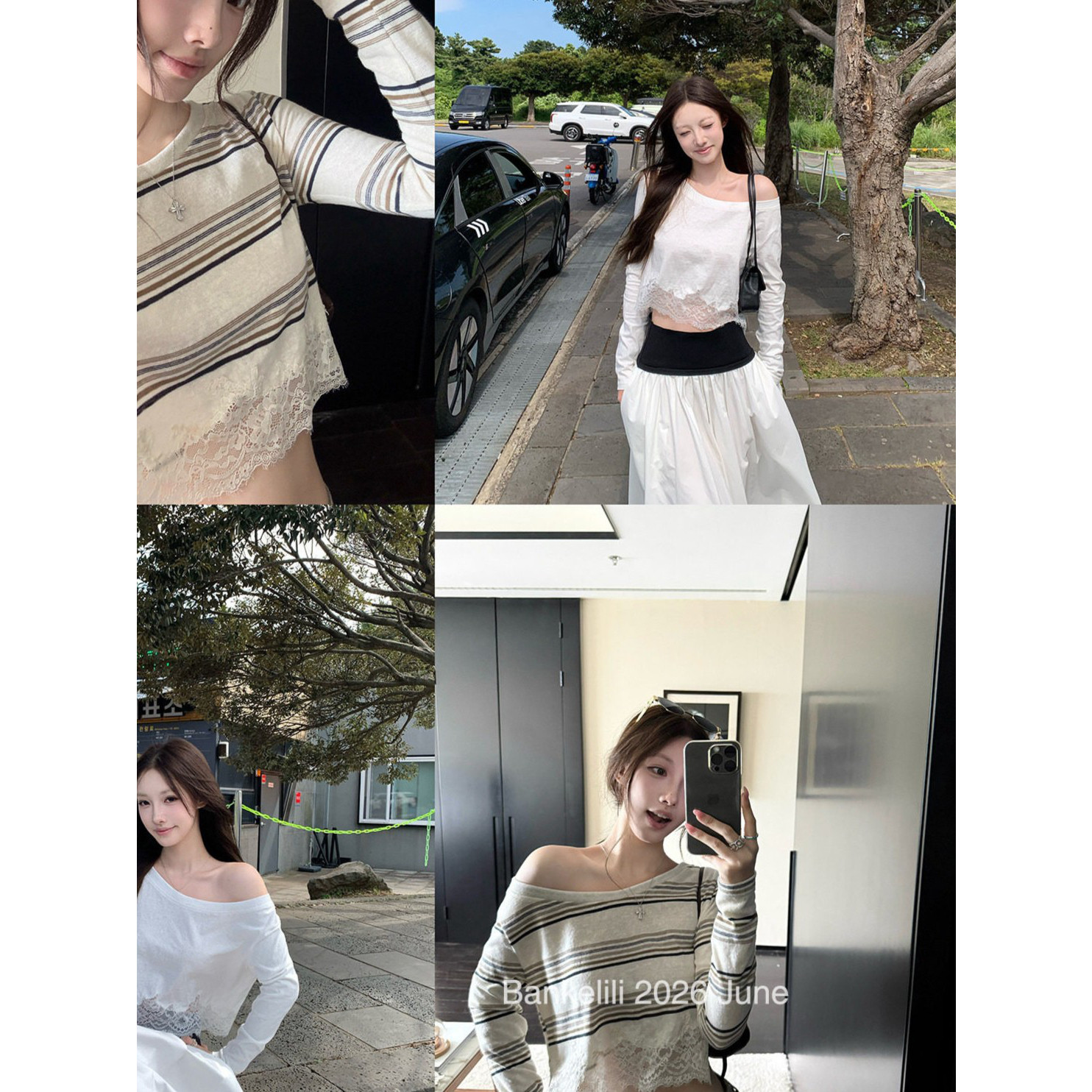 蕾丝拼接长袖T恤女夏季薄款防晒罩衫小众短款显身材斜肩小众上衣