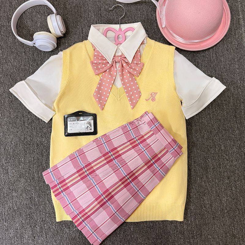 【叠穿五件套】川町香JK正版制服套装毛衣背心衬衫格裙学院风女