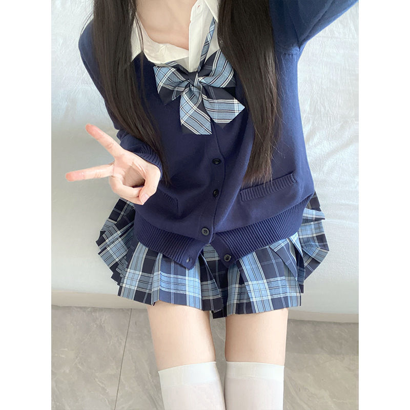 甜嗑原创jk制服美拉德秋冬套装毛衣开衫外套格裙衬衫叠穿校供感女