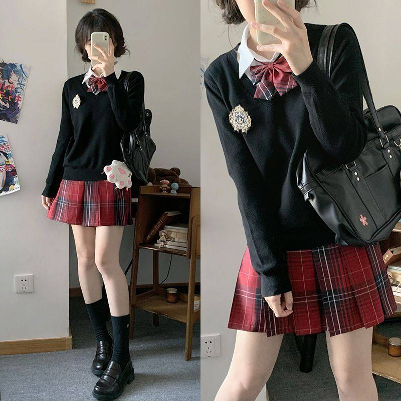 北璃酱jk制服正版原创长袖背心格裙套装三件套秋冬套装叠穿学院风