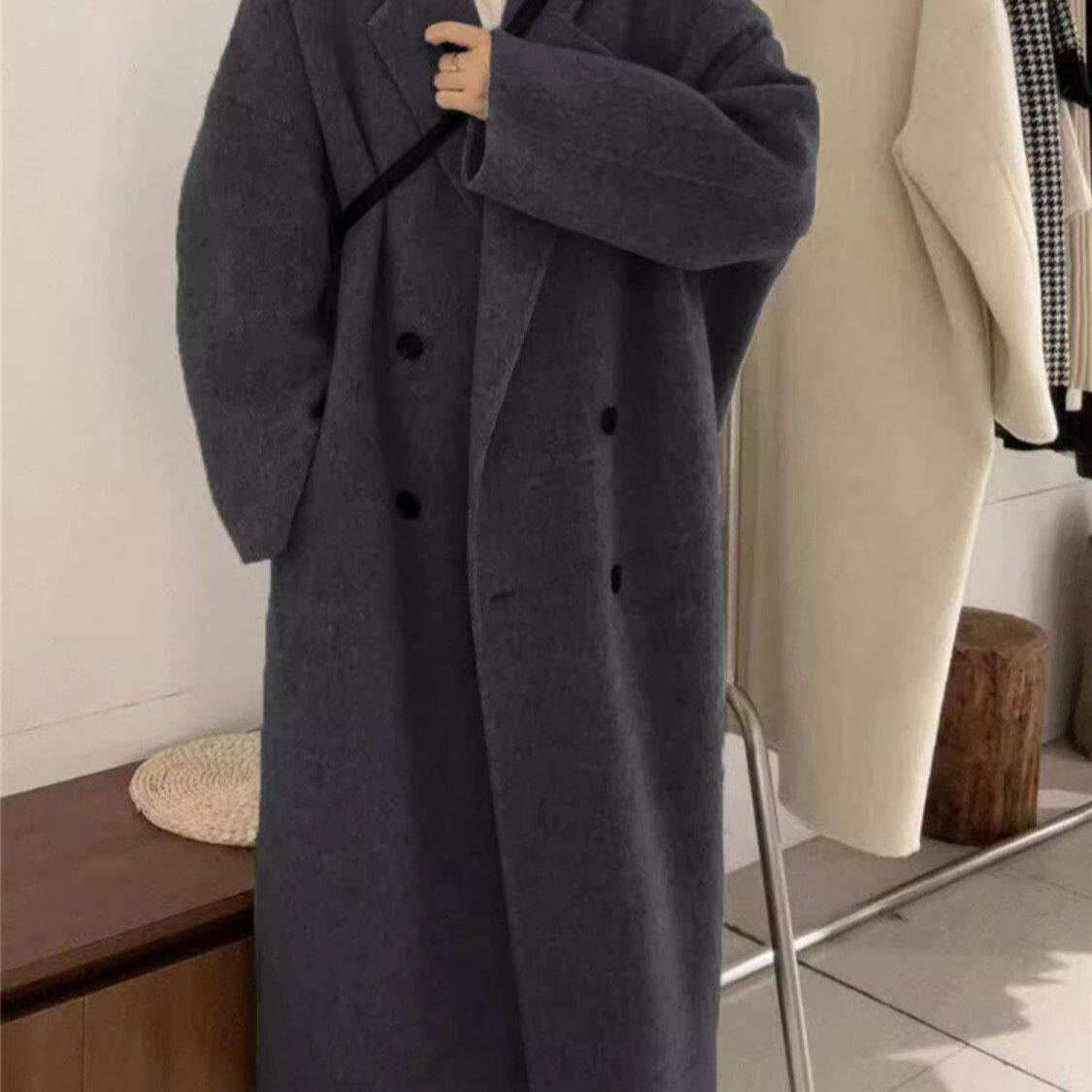 燕麦色羽绒内胆毛呢外套女2026秋冬新款韩系中长款加绒加厚大衣潮