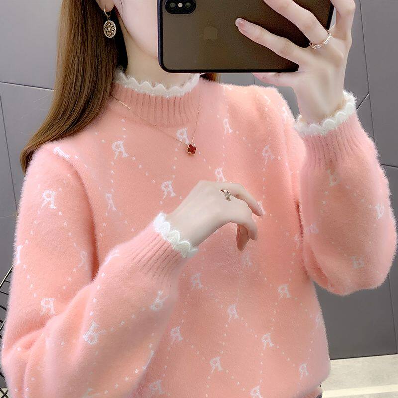 半高领水貂绒毛衣女秋冬2024新款套头短款内搭春秋宽松针织打底衫