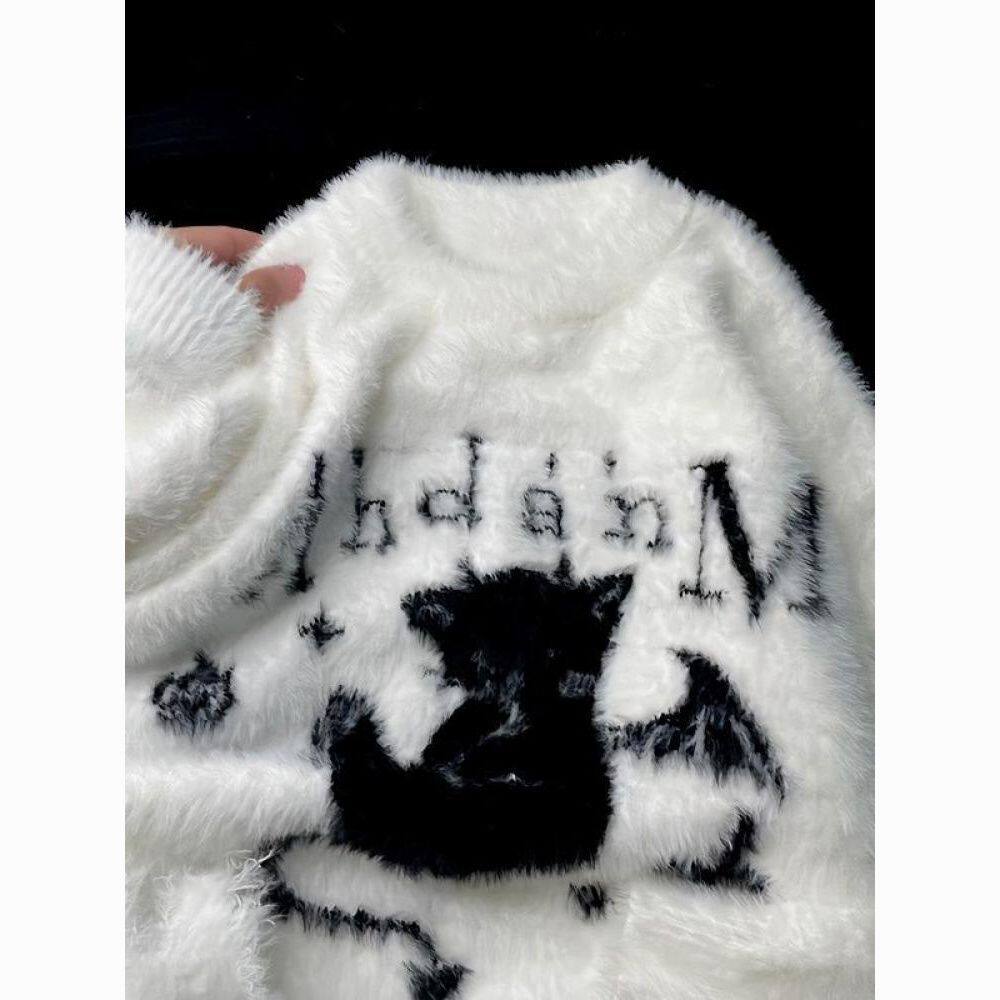 】美式恶魔复古猫咪破洞万圣节毛衣设计宽松秋冬季水貂针织衫上衣