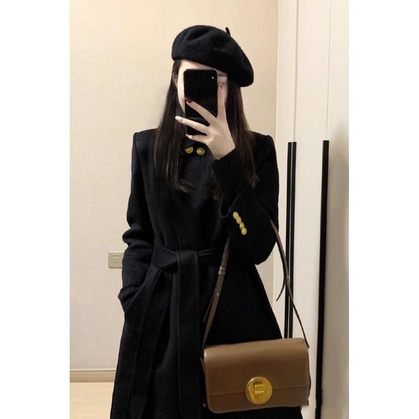高级感黑色呢子大衣女中长款2026秋冬韩系赫本风系带显瘦毛呢外套