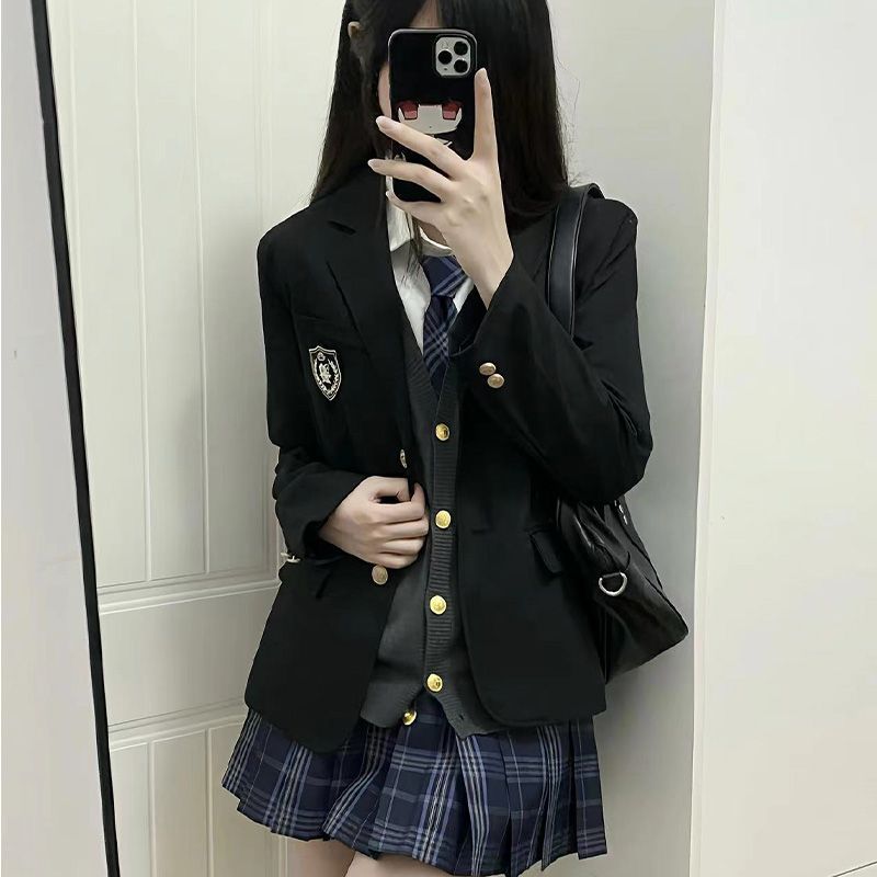 森鱼社原创JK制服正版西装格裙套装校供感百褶裙叠穿搭配纯色西装