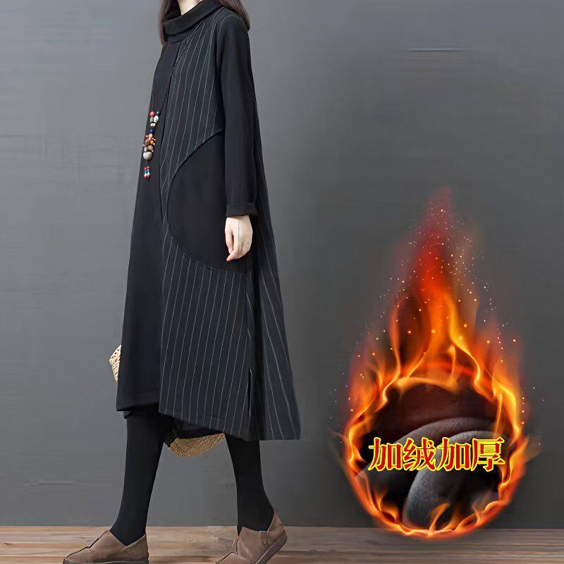 】宽松连衣裙女洋气装2026新款春秋大码条纹过膝秋季长袖显瘦裙子