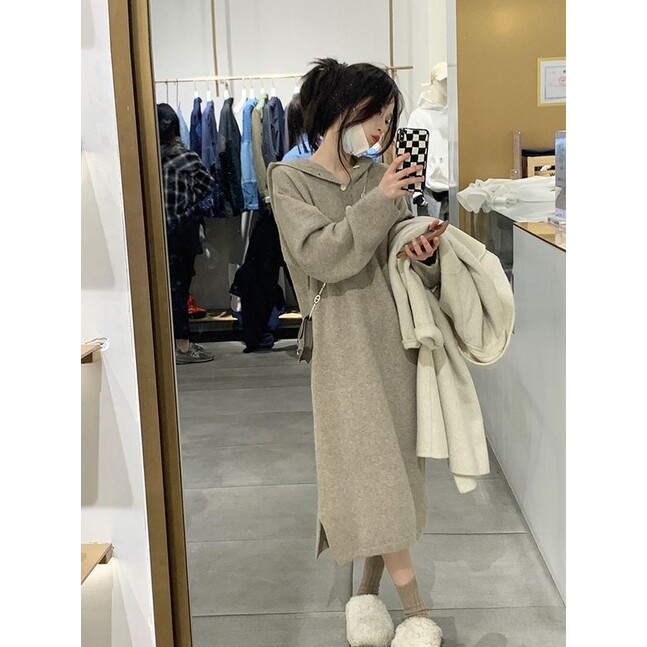 中长款法式连帽毛衣裙女宽松过膝2024秋冬季新款韩版时尚打底裙子