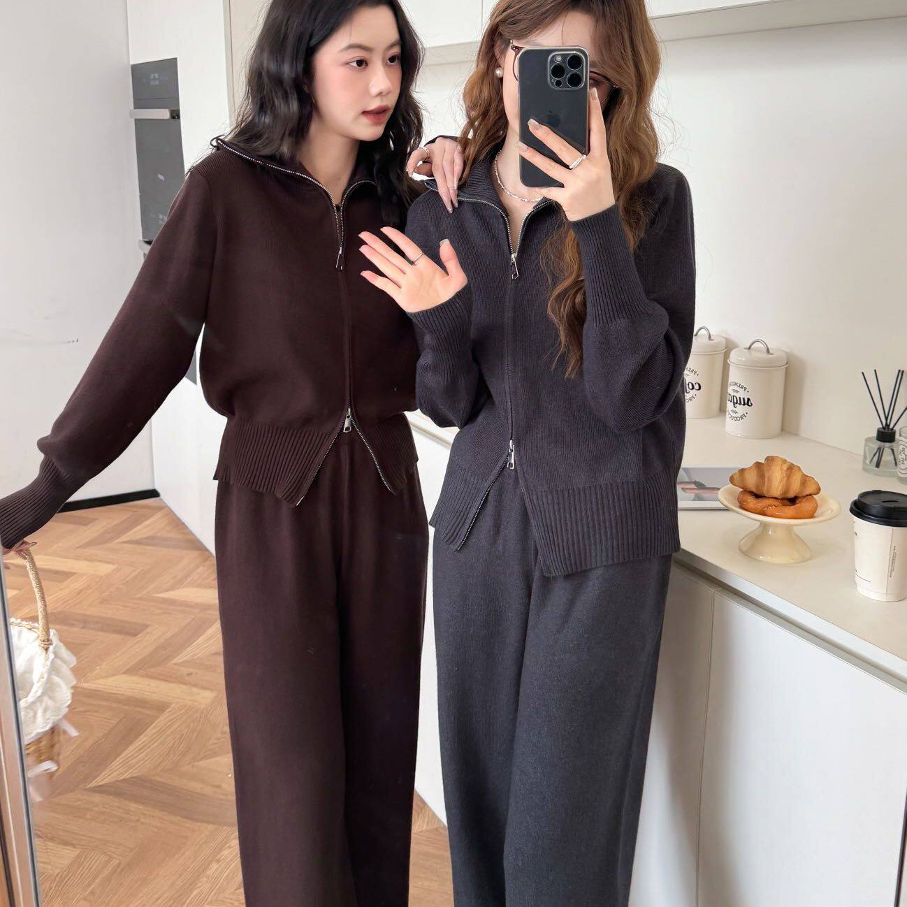 韩版宽松慵懒套装女早秋时尚简约拉链针织毛衣开衫年轻休闲两件套
