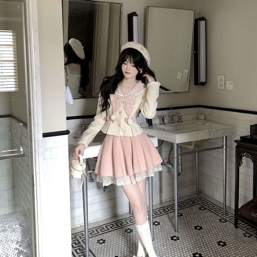 新款秋季学院少女蝴蝶结制服可爱外套上衣半裙甜美半身裙套装新款