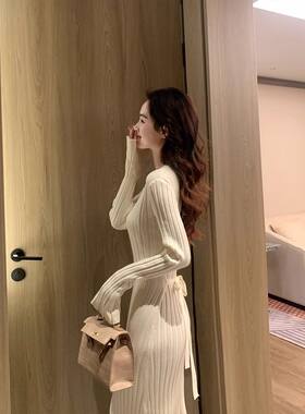 超长款V领针织连衣裙女 秋冬修身包臀打底衫内搭针织毛衣过膝长裙