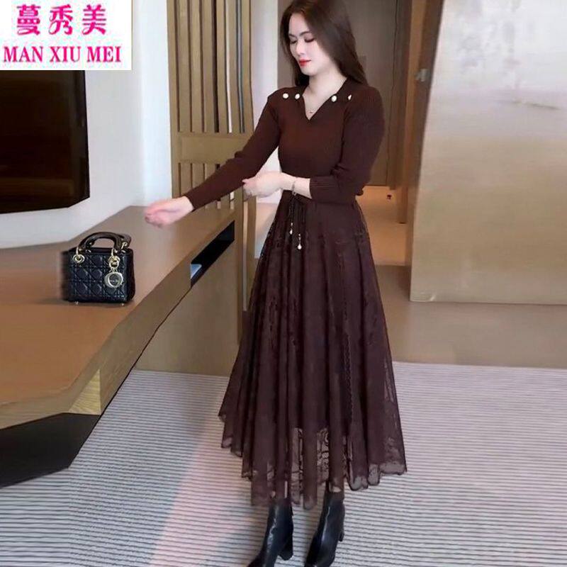 洋气秋冬时尚连衣裙女新款蕾丝洋气显瘦裙子针织长款拼接打底裙子