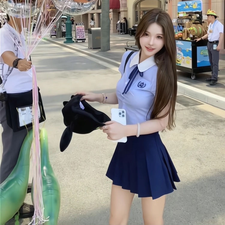 蓝色学院风衬衫百褶裙套装女高级感jk上衣短裙两件套夏季2025新款