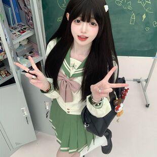 日系学院风抹茶绿水手服 JK 制服套装 校供感全套学生百褶裙