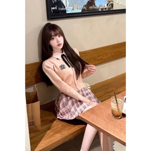 美式学院风jk制服套装女秋冬新款蓝色条纹衬衫针织开衫半裙三件套