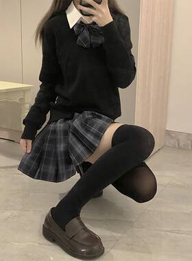 黑色jk制服毛衣格裙套装原创秋冬季百褶短裙学院风针织衫三件套女