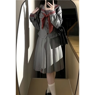 2025款抚蝶女子水玉中间服灰色红襟线长袖水手服JK制服学院风套装