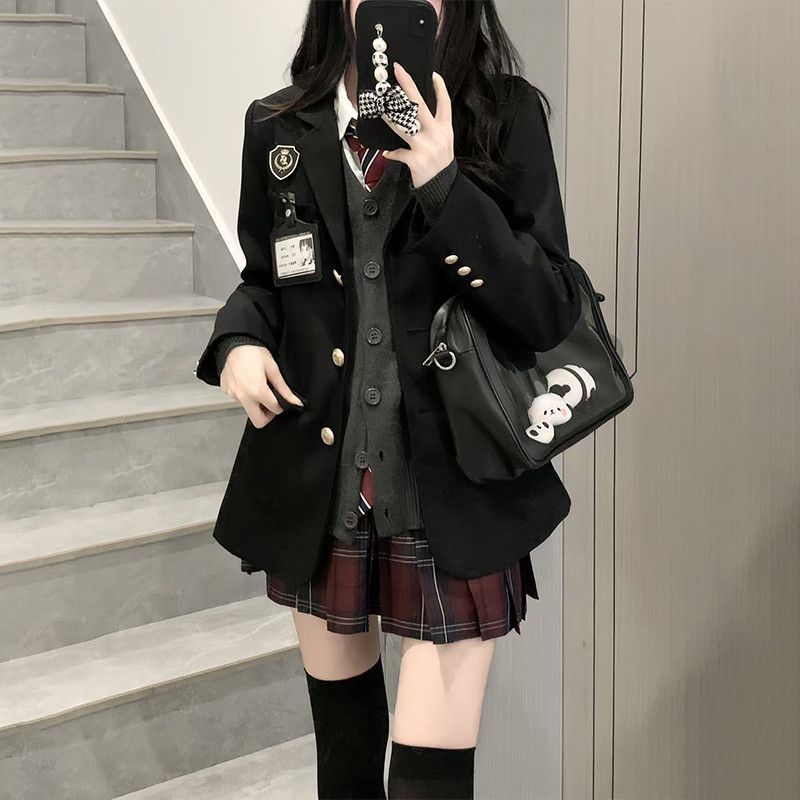 原创jk制服套装女秋冬款正版学院风校供格裙子针织开衫叠穿一整套