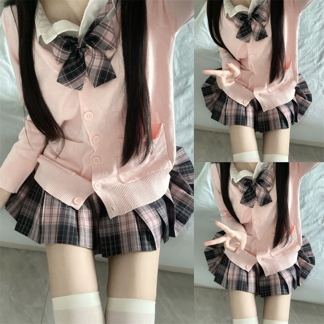 香草圆子正版原创JK制服秋冬套装格裙长袖毛衣开衫学院风校供软妹