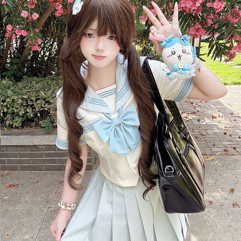 甜嗑原创【水萝兔】JK制服水手服新款短袖学院风套装3件套含蝴蝶