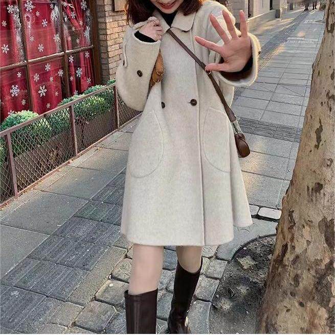 藏】新款双面羊毛秋冬大衣女中长款毛呢斗篷赫本小香简约通勤外套
