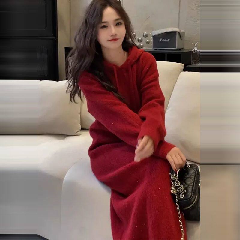 亮丝圣诞红色连帽长款打底衫加厚毛衣裙秋冬新款女宽松针织连衣裙