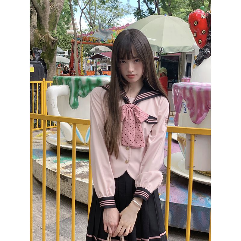 日系学院风jk制服套装收腰水手服长袖显瘦粉色校供上衣东京岁时记