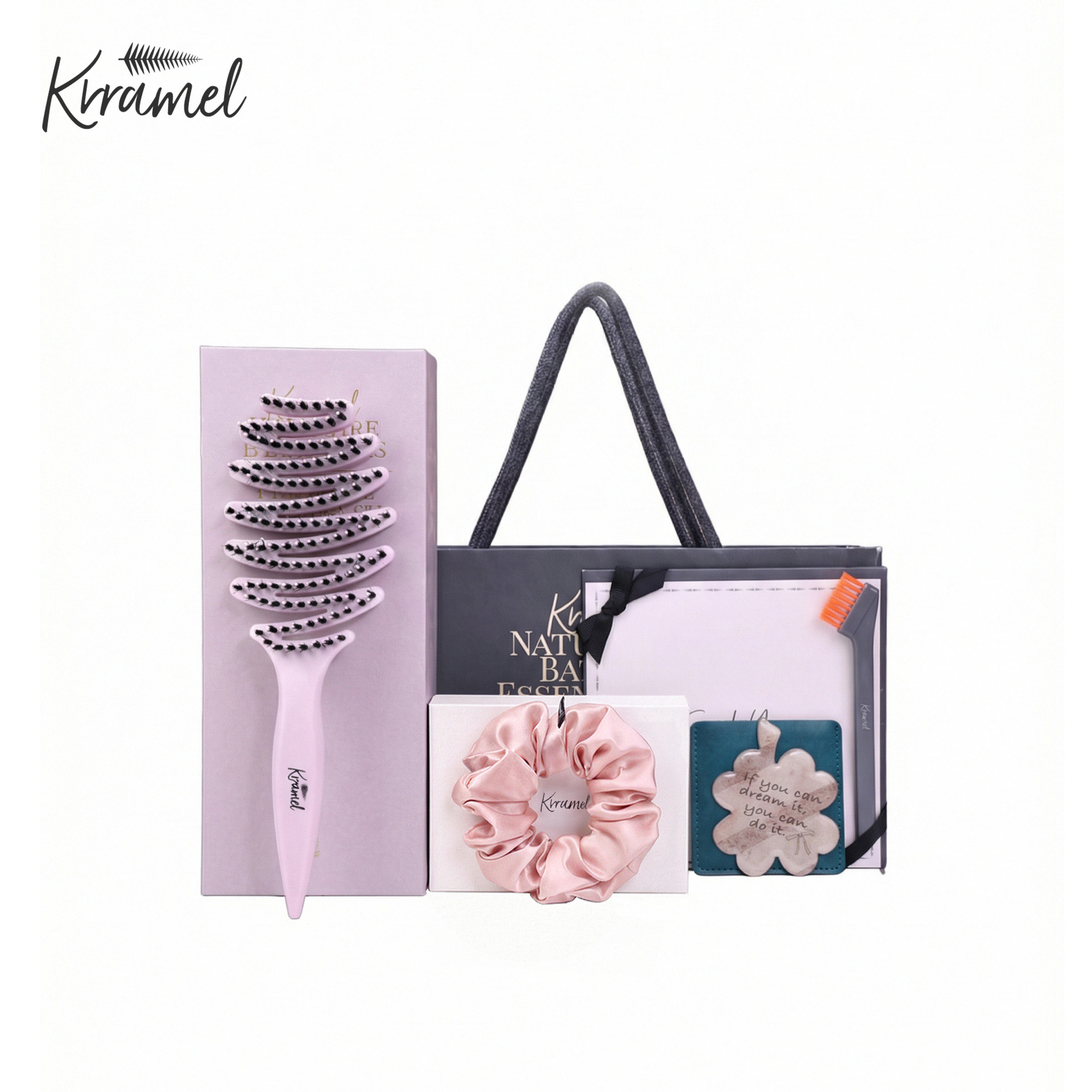 KRRAMEL生日礼物女生梳子蓬松颅顶粉色真丝发圈伴手礼实用礼物