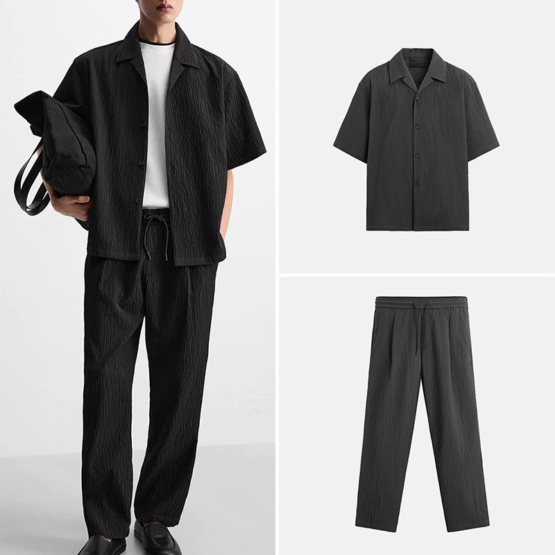 Embossed Lapel Shirt & Casual Trousers Set