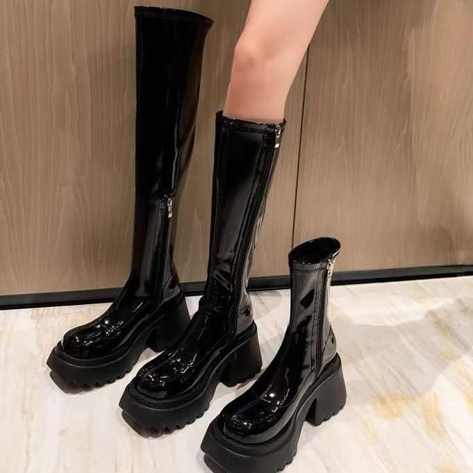 女弹力靴过膝靴漆皮高筒