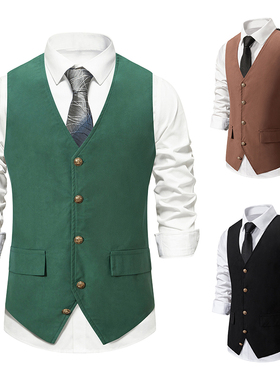外贸大码男装亚马逊2023秋季新款男士中世纪复古马甲绿色西装背心