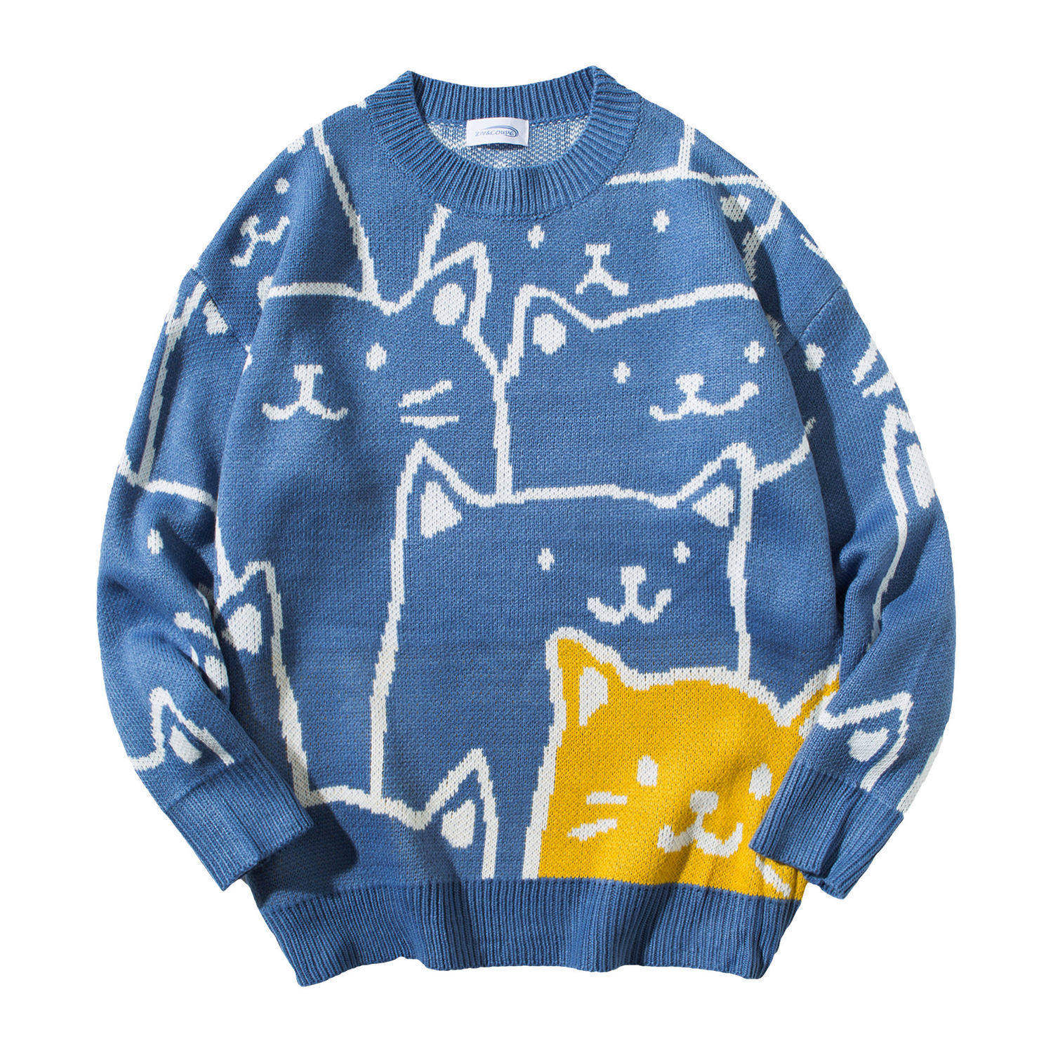 Cartoon Cat Round Neck Sweater Men's Loose Student Han