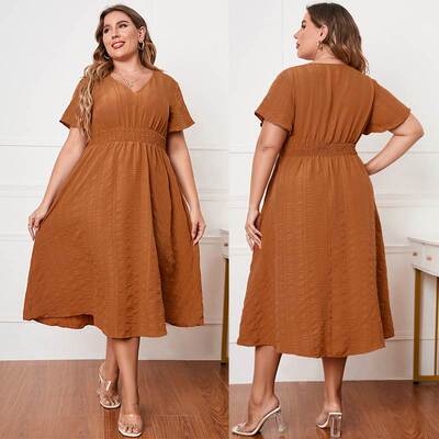 2022 Summer Women Plus Size Dresses 大码宽松夏季纯色连衣裙