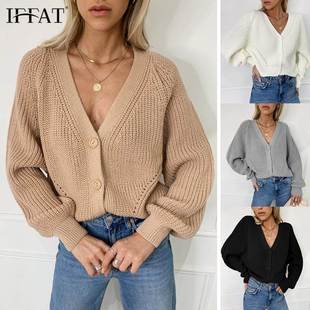 sweater cardigan women knit V-neck blouse jacket with button