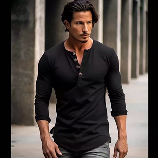 Men's Henley Collar Long Sleeved T-shirts Solid Casual Top