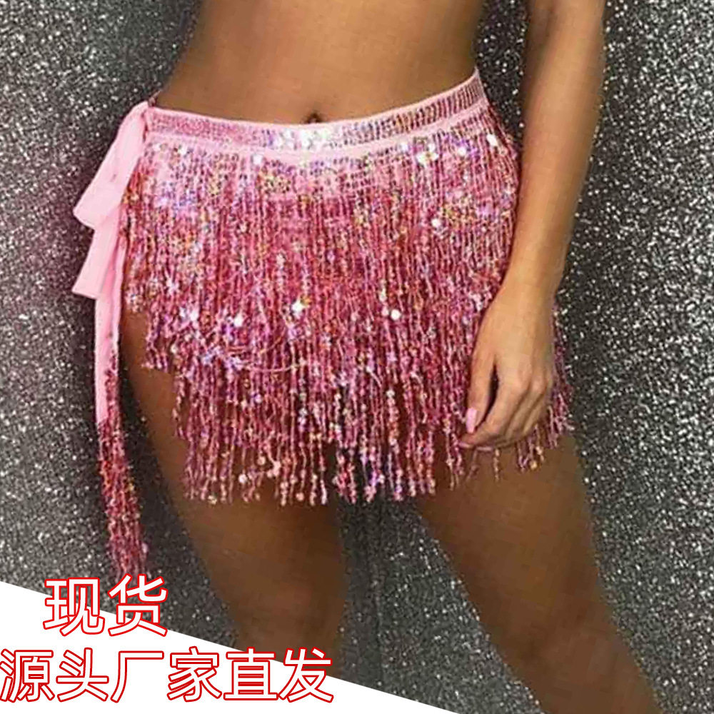 肚皮舞亮片流苏腰链印度舞波西米亚系带亮片臀巾腰巾亮片流苏短裙