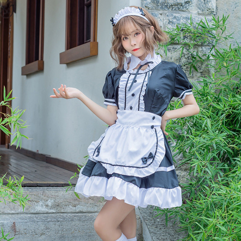 加大码黑白短袖女仆装cosplay成人服装洋装女佣装公主裙连衣裙