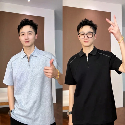 针织半拉链POLO衫短袖休闲T恤