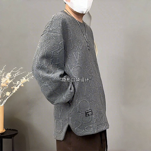 秋冬新款立体浮雕压花潮牌卫衣男士重磅宽松百搭圆领加绒休闲上衣