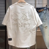 2025夏季 宽松百搭休闲燕尾情侣T恤 痞帅时尚 潮牌刺绣圆领短袖 男士